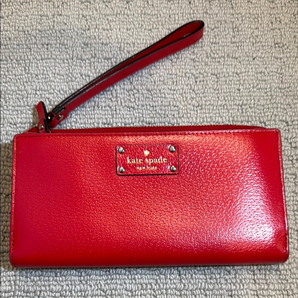 Kate Spade Red Leather Wristlet with Logo Plate